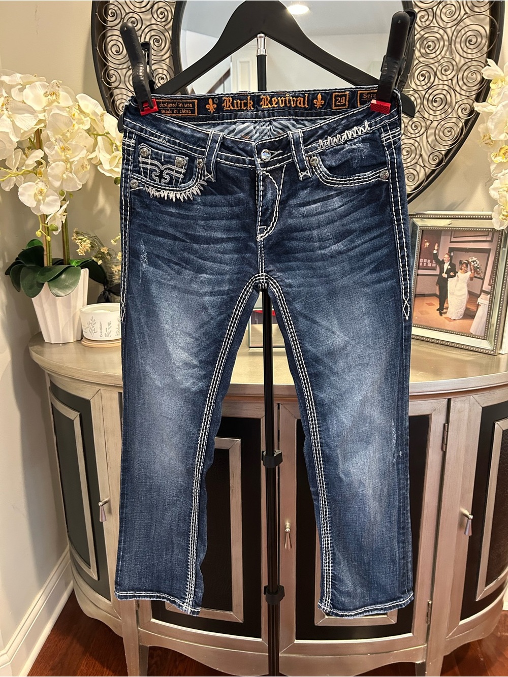 Rock Revival Indigo Jeans with Orange Embroidery